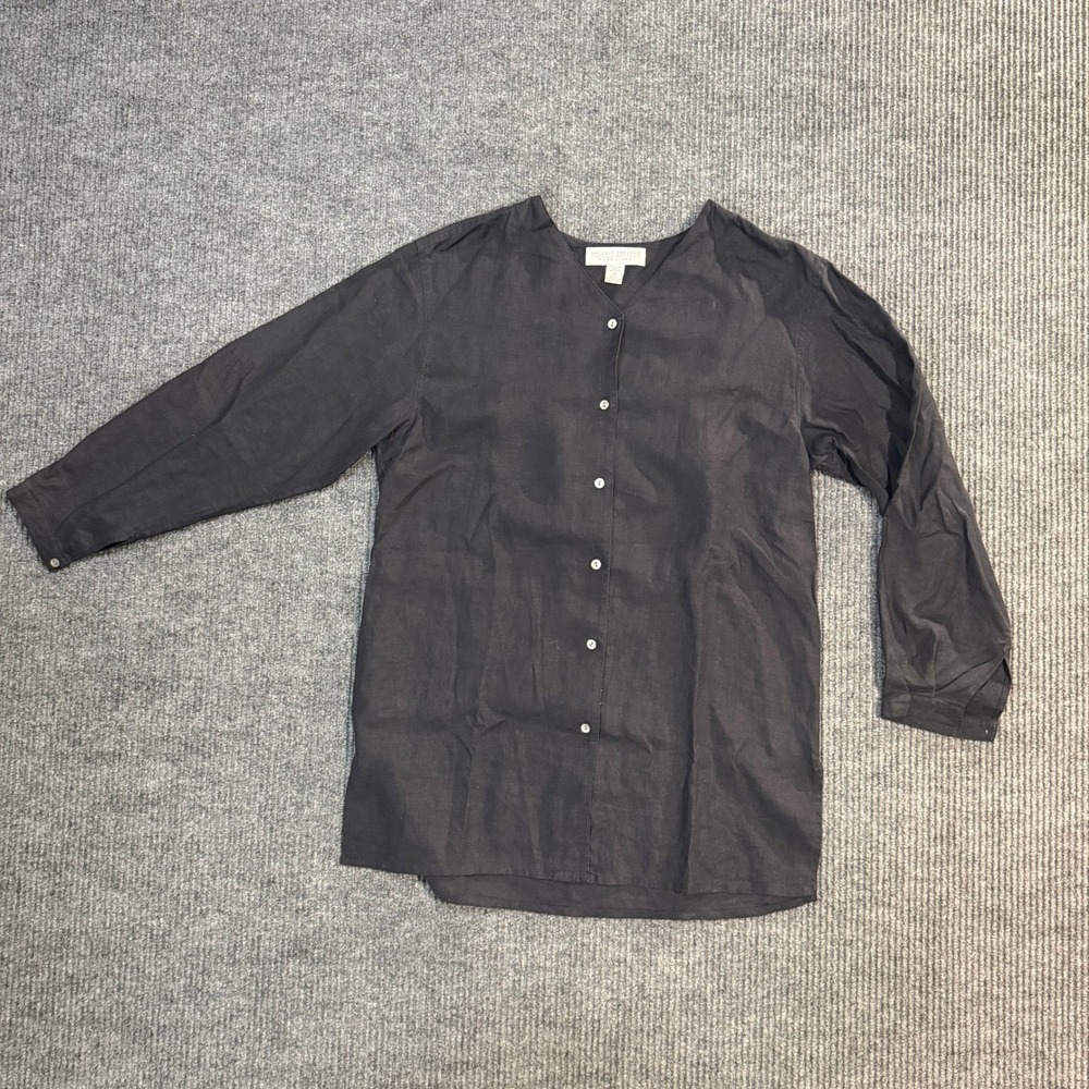 Vintage Valerie Stevens Pure Linen Collarless Tunic Shirt Black Size 8